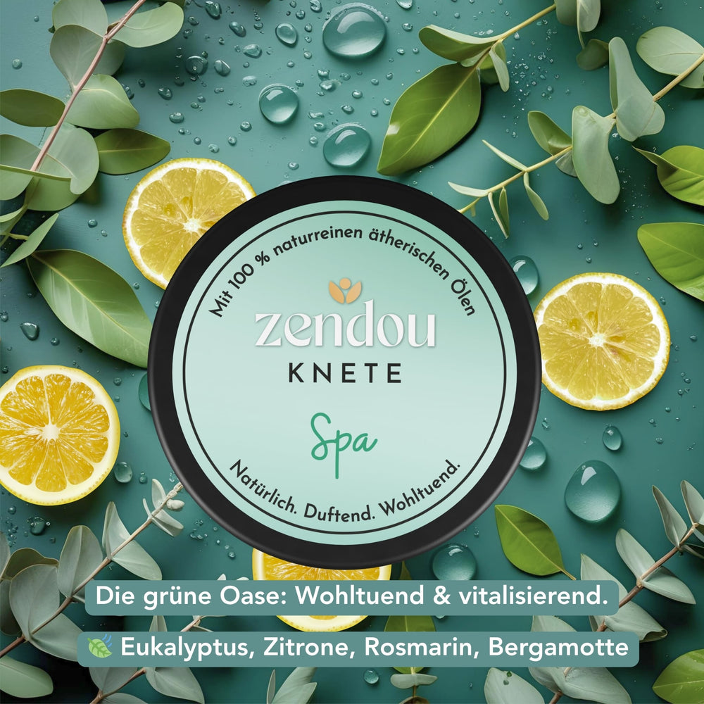 Zendou Duftknete Spa umgeben von Eukalyptus, Zitronenscheiben und Tautropfen