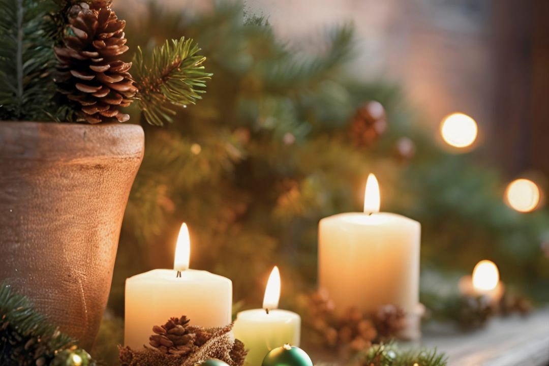 Stimmungsvoll angerichtete Kerzen, Tannenzweige und Tannenzapfen