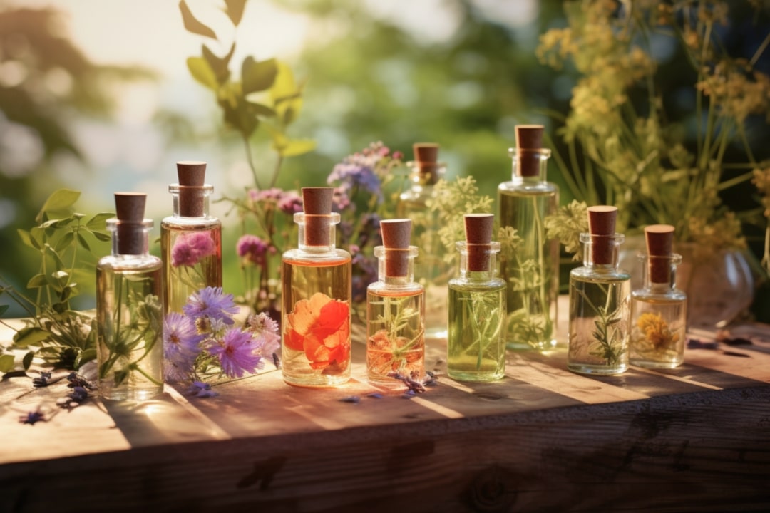 Ein Tisch mit verschiedenen Glasflaschen mit ätherischen Ölen, Blüten und Pflanzen im Sonnenlicht. 