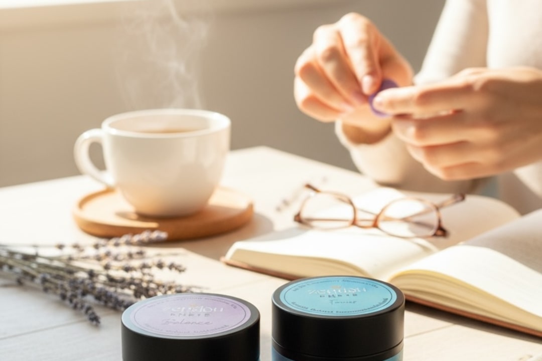 Ein Tisch mit einer dampfenden Teetasse und einem aufgeschlagenen Buch, im Hintergrund Hände, die die Zendou Duftknete kneten.