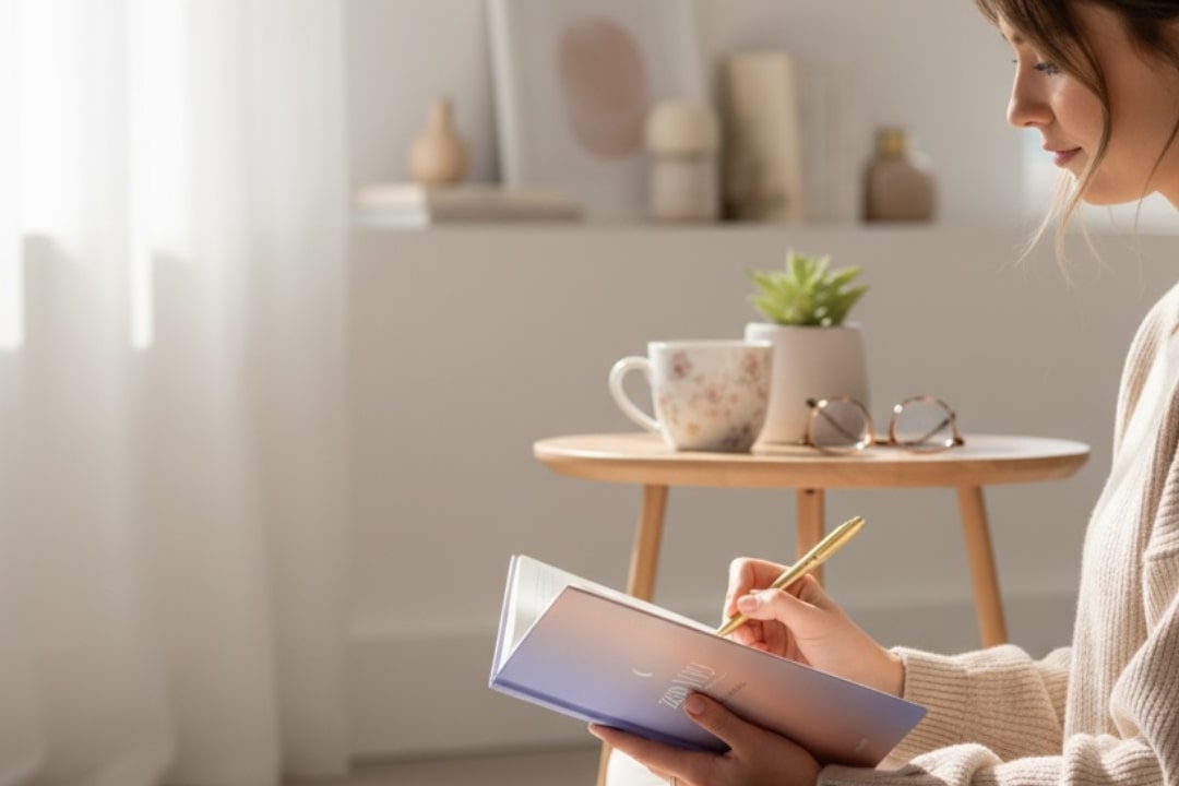 Frau in einem Wohnzimmer schreibt bei gemütlicher Atmosphäre in ihr Zen YOU Selfcare-Journal