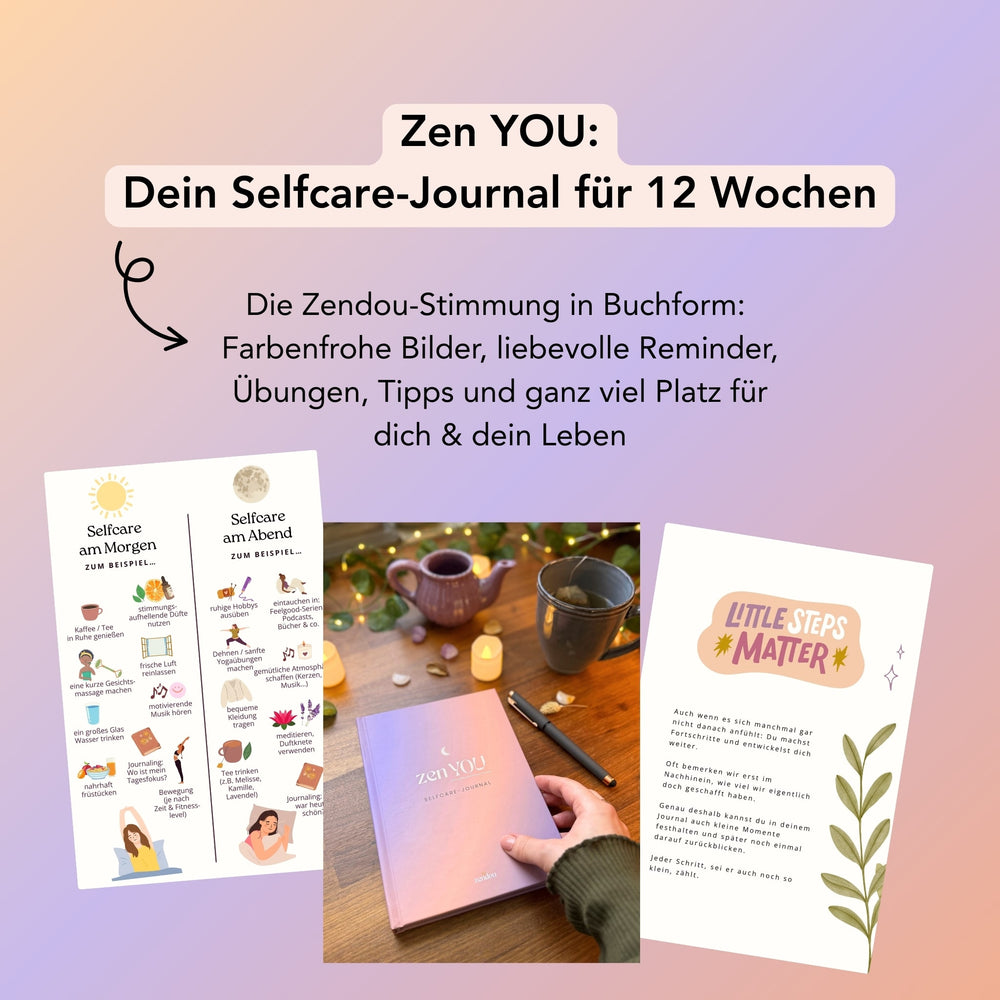 Blick ins Buch: Zendou Selfcare Journal für Achtsamkeit, Stressabbau und entspannte Auszeiten im Alltag.