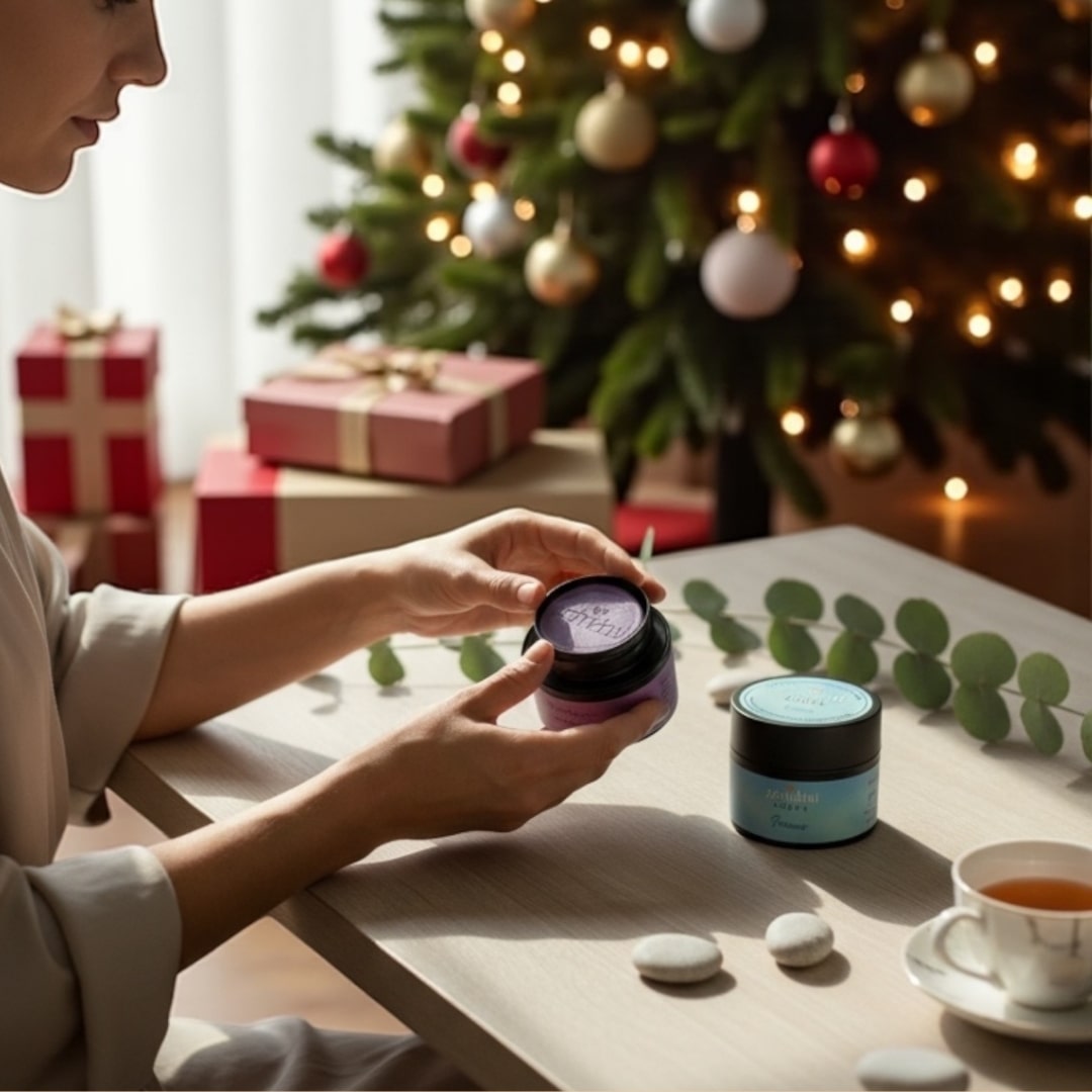 Frau mit Zendou Duftknete vor einem Weihnachtsbaum mit Geschenken