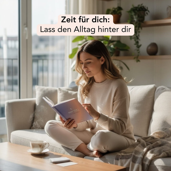 Frau in gemütlichem Wohnzimmer, blätternd im Zen YOU Selfcare-Journal 