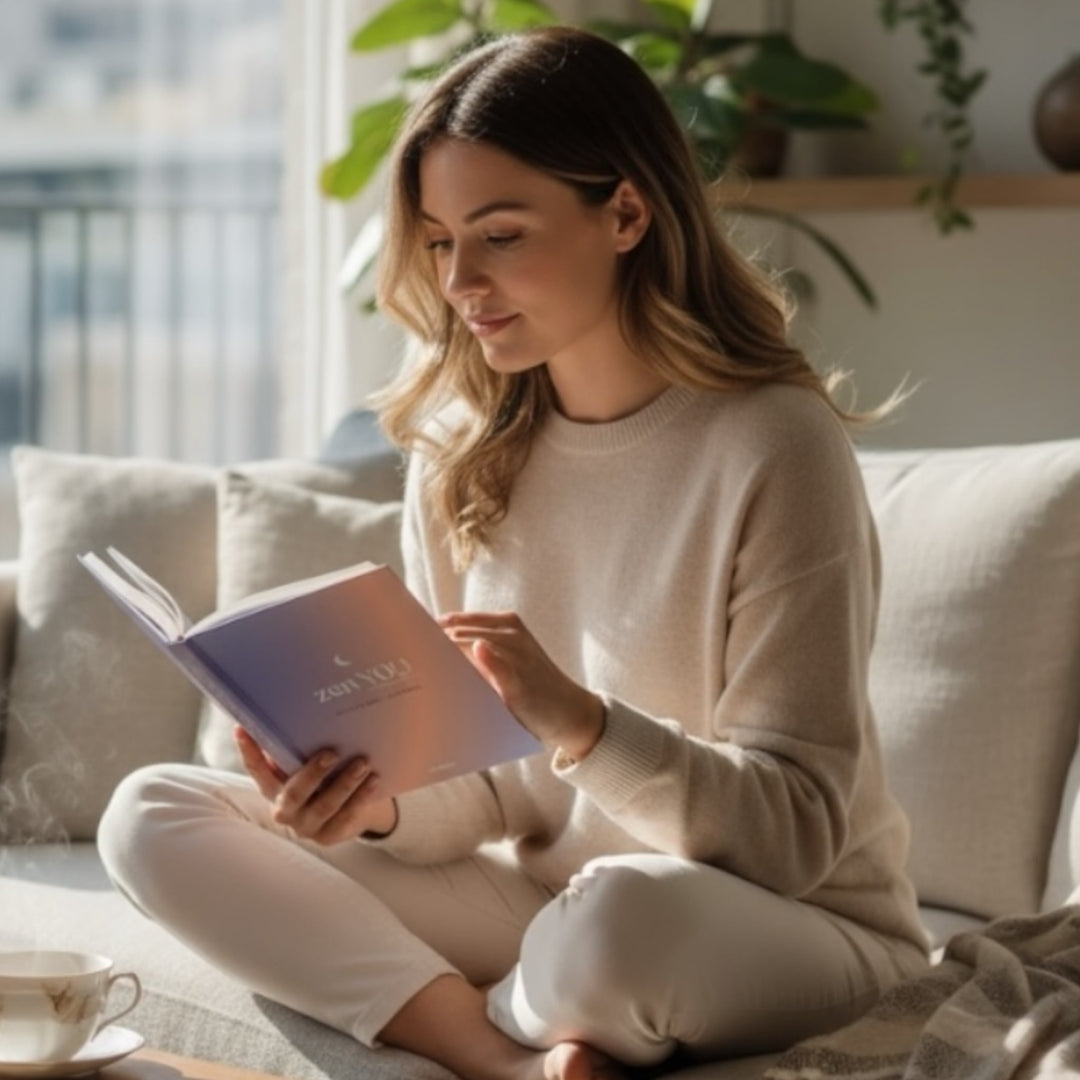 Frau in gemütlichem Wohnzimmer, blätternd im Zen YOU Selfcare-Journal