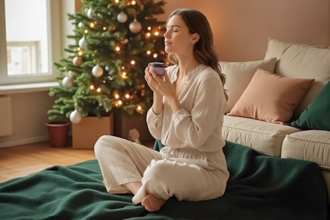 Frau sitzt im Schneidersitz in einem weihnachtlich dekorierten Wohnzimmer, die Augen geschlossen, und riecht entspannt an der Zendou Duftknete.