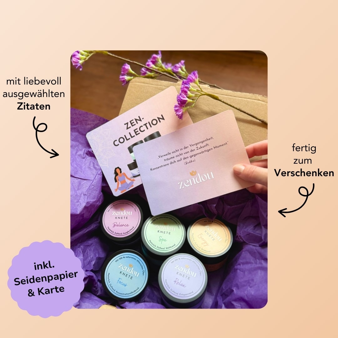 Alle fünf Zendou Duftkneten aus der Zen Collection für Ruhe und innere Ausgeglichenheit - im Karton mit Seidenpapier und Karte.