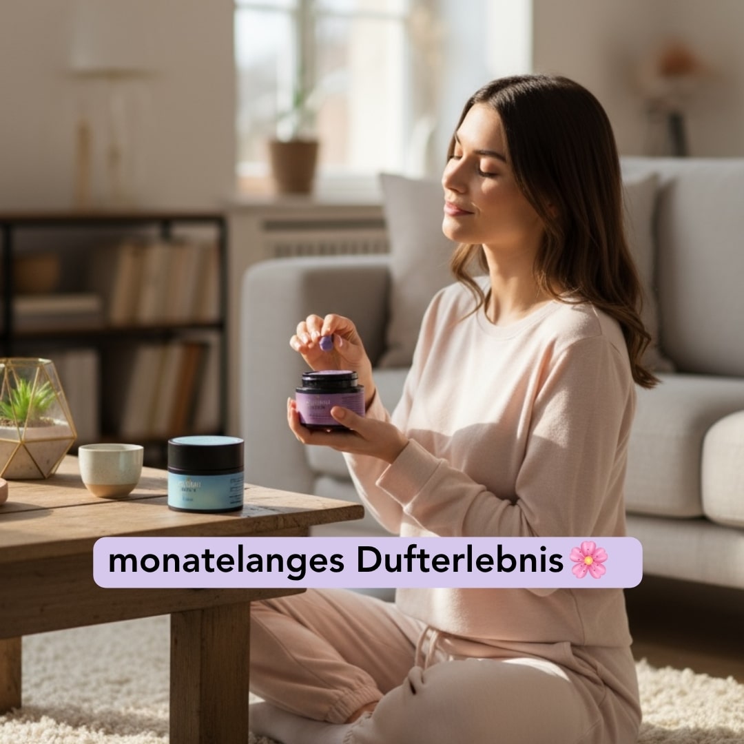 Frau mit Zendou-Duftknete in entspannter Haltung in lichtdurchflutetem Wohnzimmer