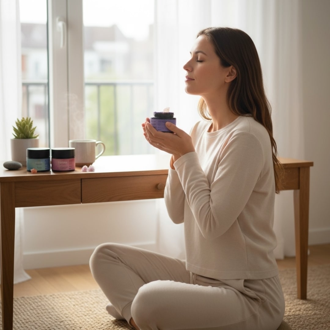 zufrieden lächelnde Frau in Meditationshaltung mit Zendou Duftknete in der Hand