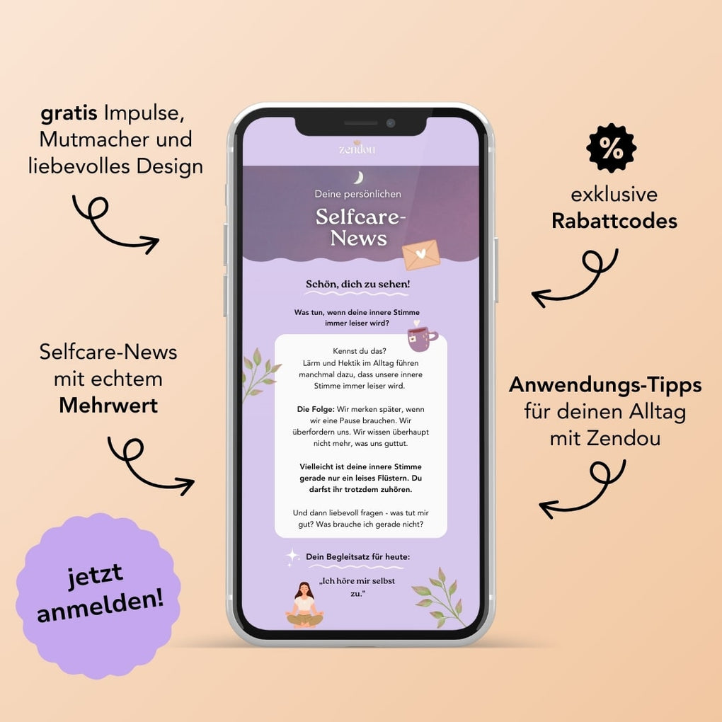 Zendou Selfcare-Newsletter: Alle Features - gratis Impulse, Rabattcodes, Mehrwert und Tipps.