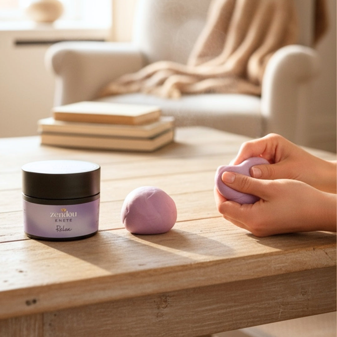 Hände kneten die lilafarbene Zendou Relax Duftknete in einem sonnendurchfluteten Wohnzimmer