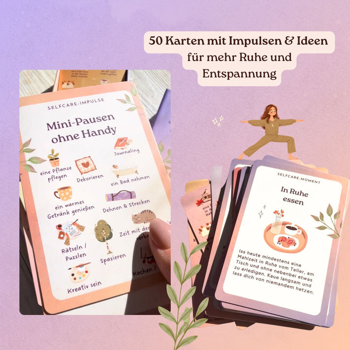 Karten aus dem Zen YOU Selfcare-Kartenset mit Mini-Pausen ohne Handy und dem Selfcare-Moment „In Ruhe essen“