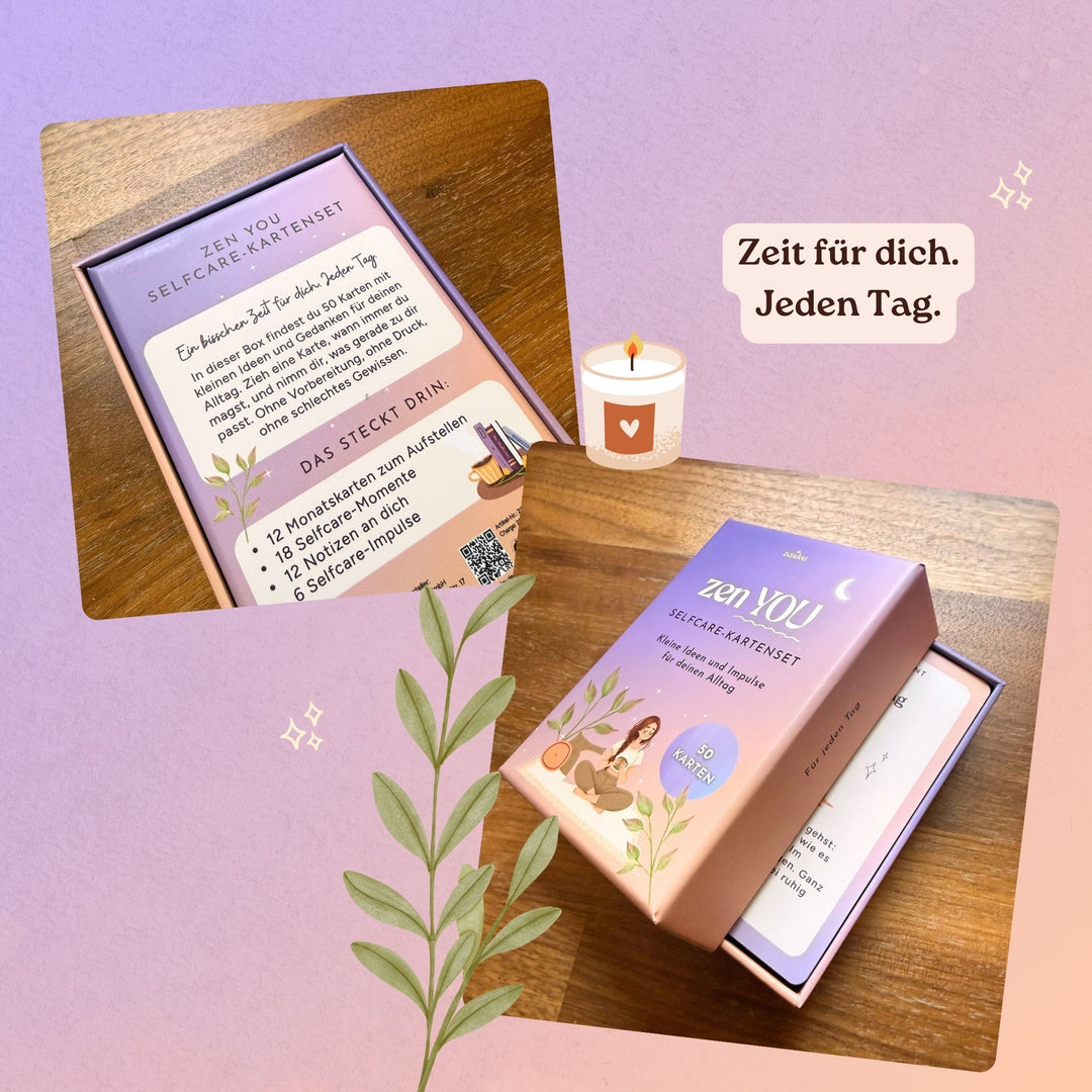 Rückseite der Zen YOU Box mit Inhaltsübersicht und geöffnete Box mit Selfcare-Karten