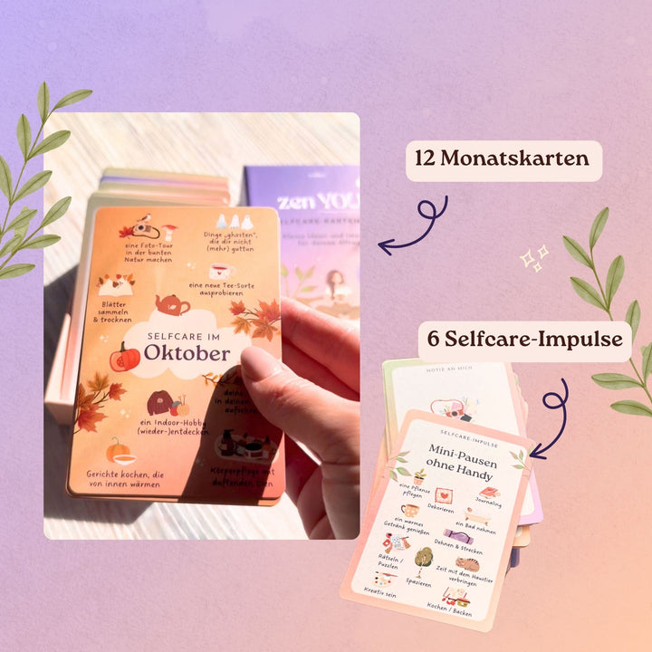 Monatskarte „Selfcare im Oktober“ und Impulskarte aus dem Zen YOU Selfcare-Kartenset