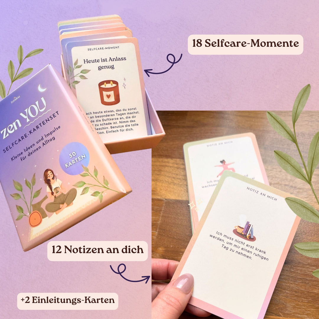Geöffnete Zen YOU Box mit Selfcare-Moment-Karte und Karten „Notiz an mich“
