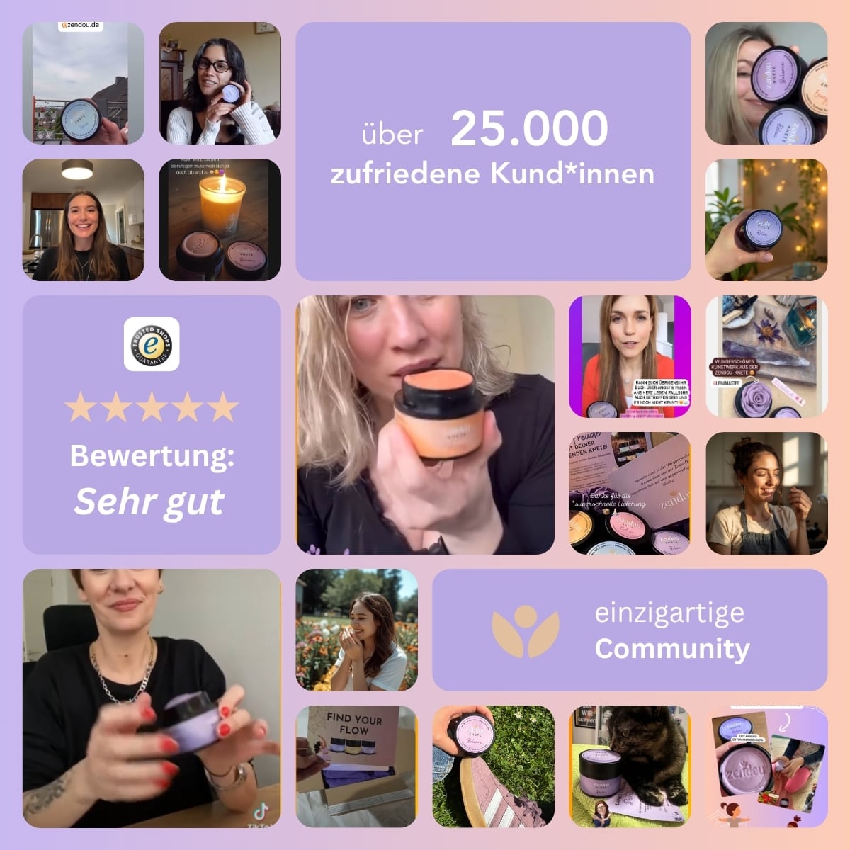 Collage aus verschiedenen Fotos und Screenshots aus der Zendou Community: 25.000 zufriedene Kund*innen