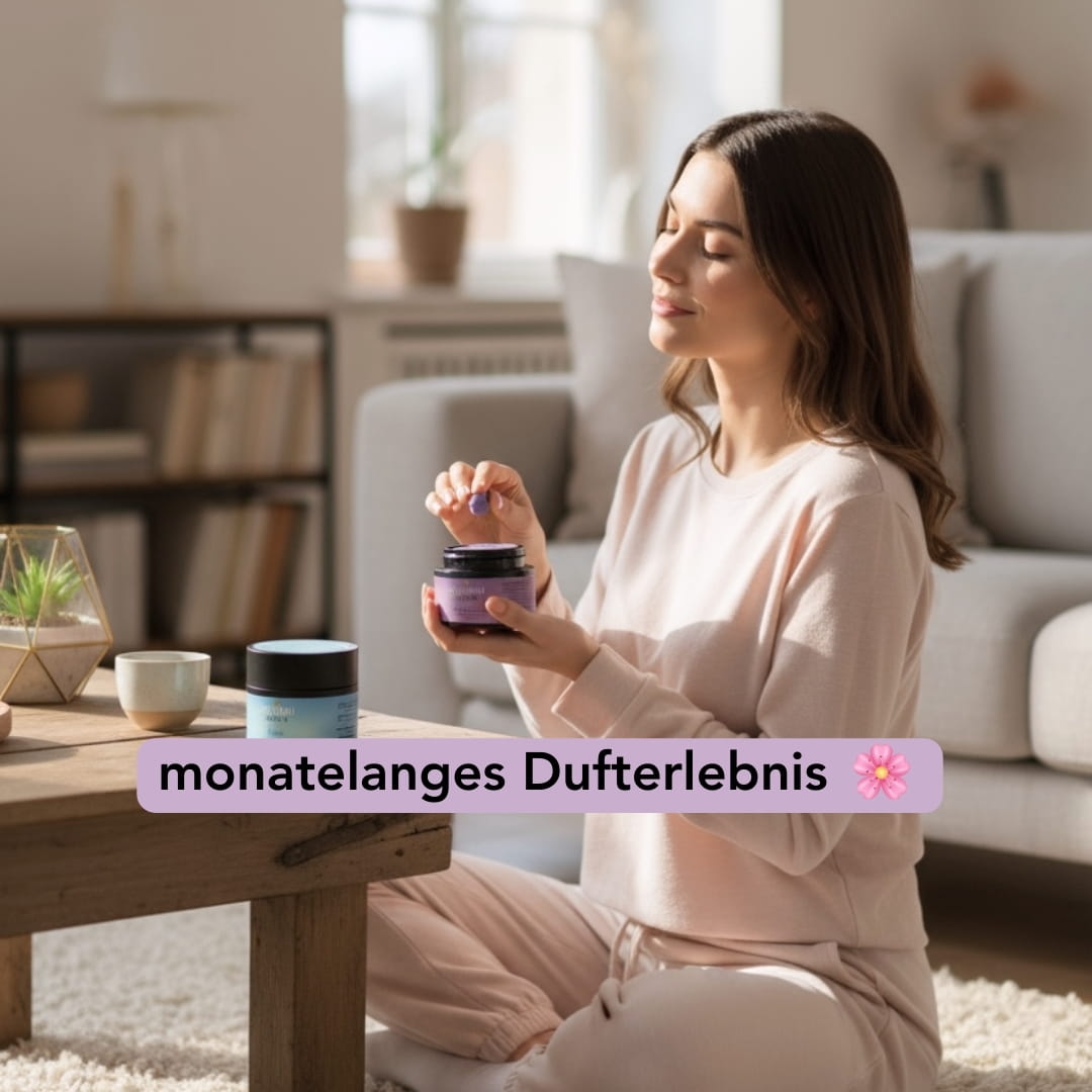 rau mit Zendou-Duftknete in entspannter Haltung in lichtdurchflutetem Wohnzimmer